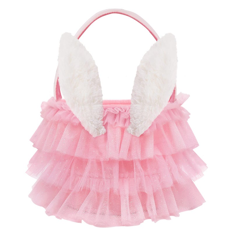 Bunny Chorus Tutu Easter Basket, Pink Ruffled Shining Tulle with Fluffy Bunny Ears, Easter Theme Party Favors Stuffers Gifts for Girls, Easter Egg Hanting Decorations Party Supplies - Image 1