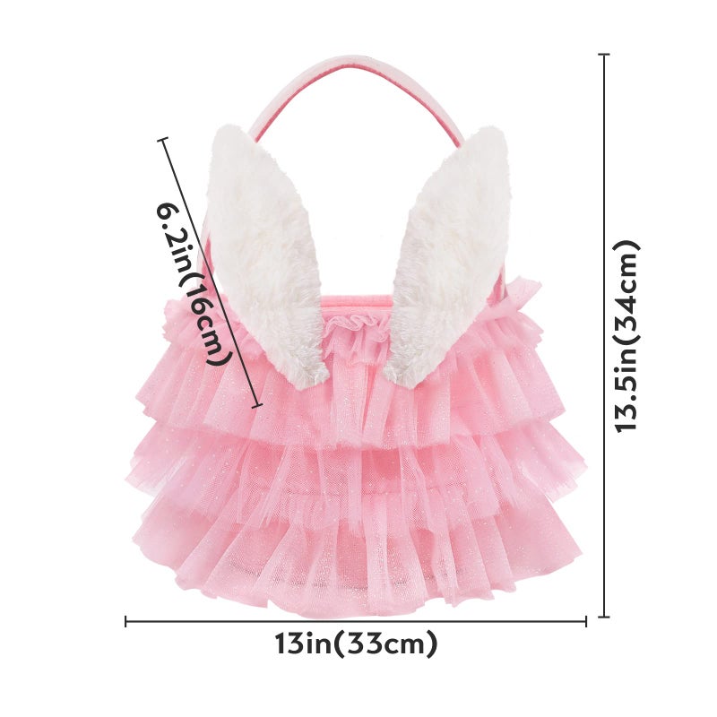 Bunny Chorus Tutu Easter Basket, Pink Ruffled Shining Tulle with Fluffy Bunny Ears, Easter Theme Party Favors Stuffers Gifts for Girls, Easter Egg Hanting Decorations Party Supplies - Image 3