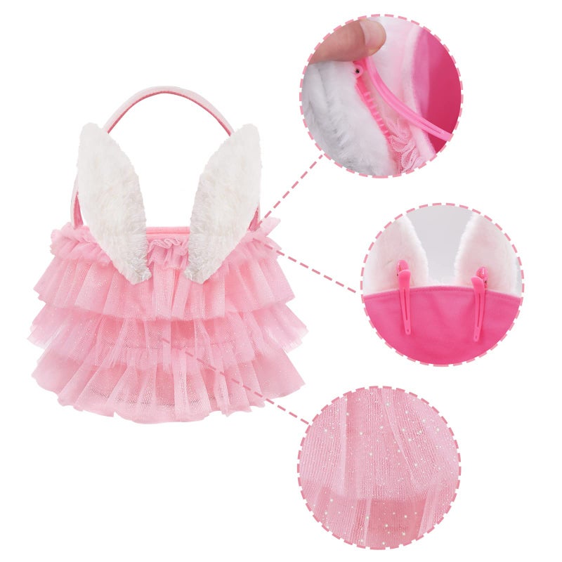 Bunny Chorus Tutu Easter Basket, Pink Ruffled Shining Tulle with Fluffy Bunny Ears, Easter Theme Party Favors Stuffers Gifts for Girls, Easter Egg Hanting Decorations Party Supplies - Image 4