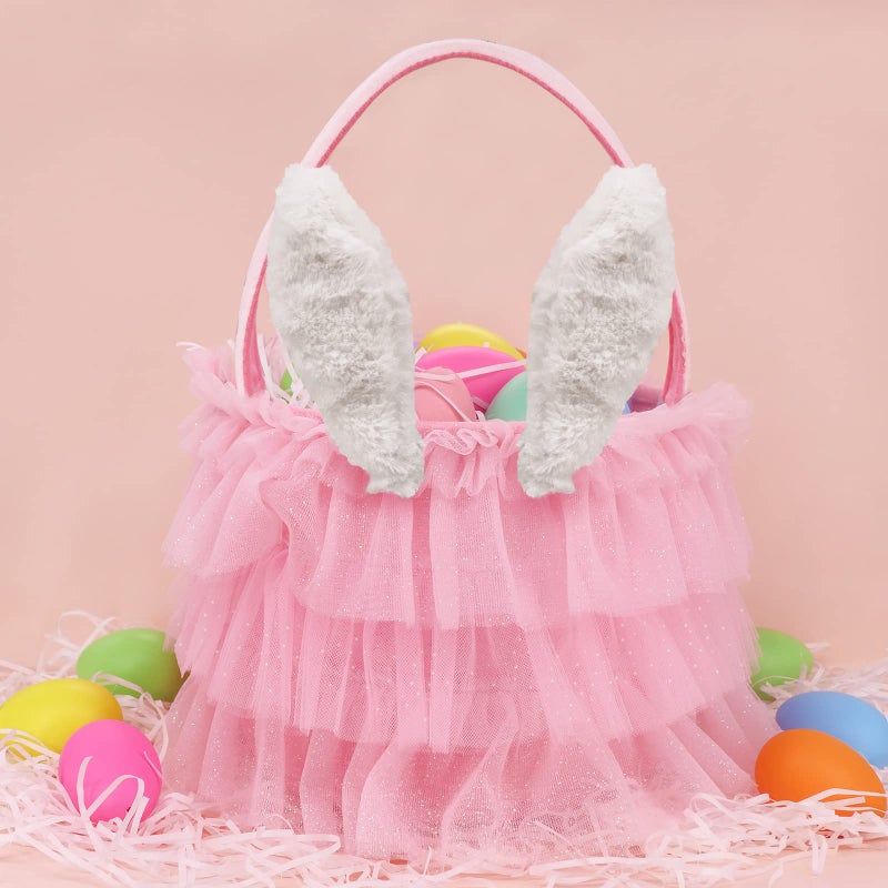 Bunny Chorus Tutu Easter Basket, Pink Ruffled Shining Tulle with Fluffy Bunny Ears, Easter Theme Party Favors Stuffers Gifts for Girls, Easter Egg Hanting Decorations Party Supplies - Image 5