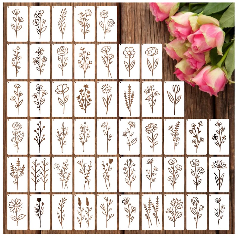 Botanical Flower Stencils for Crafts Small Wildflower Floral Paint Stencil for Painting on Wood Card Making Tiny Nature Vine Herb Essential Art Stencils for Adults Kids Furniture Walls 50 flowers 2