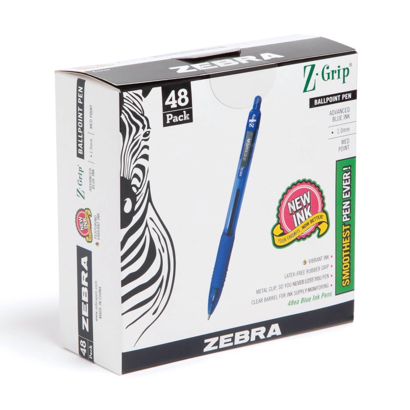 Zebra Pen Z-Grip Retractable Ballpoint Pen, Smooth-Flowing Blue Ink, 1.0mm Medium Point, School Supplies, Teacher Supplies, and Office Supplies, 48-Pack (22248) - Image 1