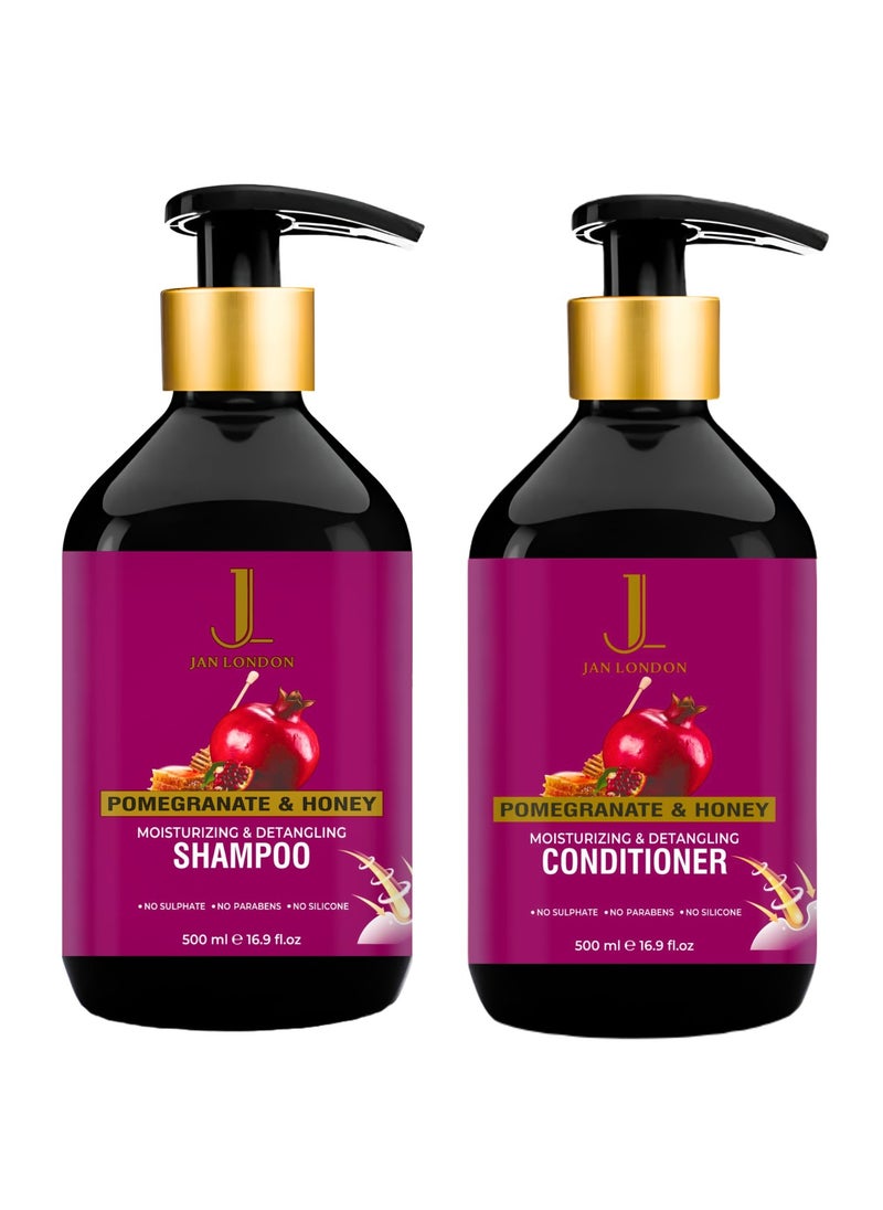 JAN LONDON Pomegranate & Honey Moisturizing & Detangling Shampoo & Conditioner Pack, 2x 500ml  Sulfate Free, Paraben Free, Silicone Free, pH Balanced Hydration for Dry & Tangled Hair  - Image 1