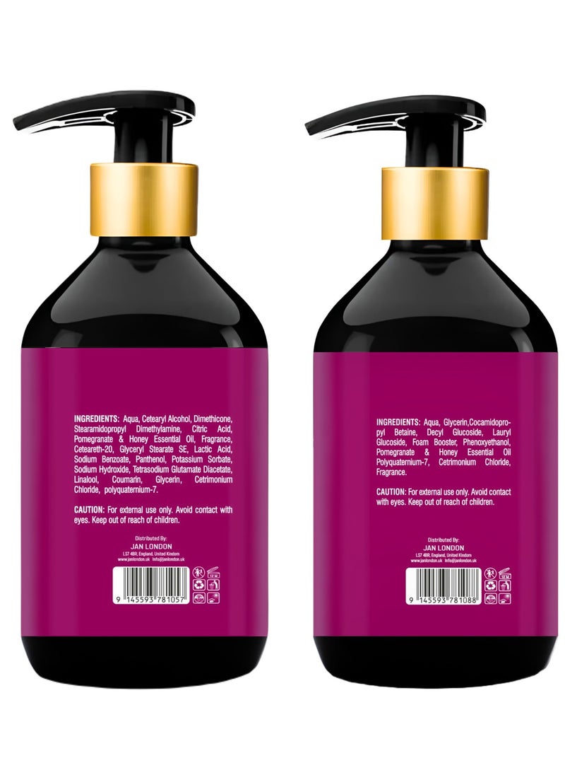 JAN LONDON Pomegranate & Honey Moisturizing & Detangling Shampoo & Conditioner Pack, 2x 500ml  Sulfate Free, Paraben Free, Silicone Free, pH Balanced Hydration for Dry & Tangled Hair  - Image 3