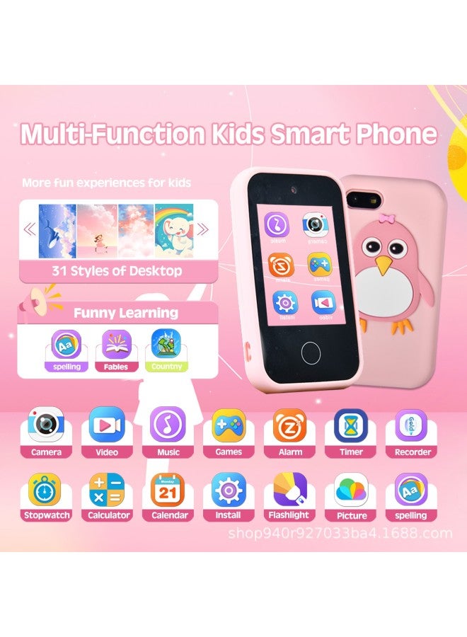 Generic Children's Smart Touch Phone Silicone Unicorn Penguin Toy Cross Mirror Mini Cartoon Digital 2.8 Inch-Body Color:Pink Penguin + 8g Card  - Image 4