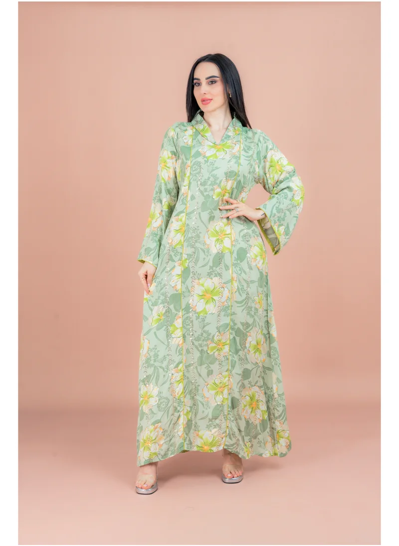 IKKXA Floral Elegance Collared Jalabiya IN094 Green