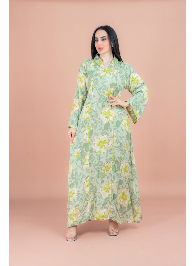 اكسا جلابية أنيقة مطبوعة بالزهور بياقة خضراء - Image 1