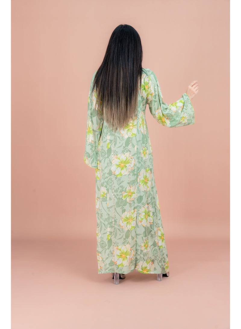 اكسا جلابية أنيقة مطبوعة بالزهور بياقة خضراء - Image 4