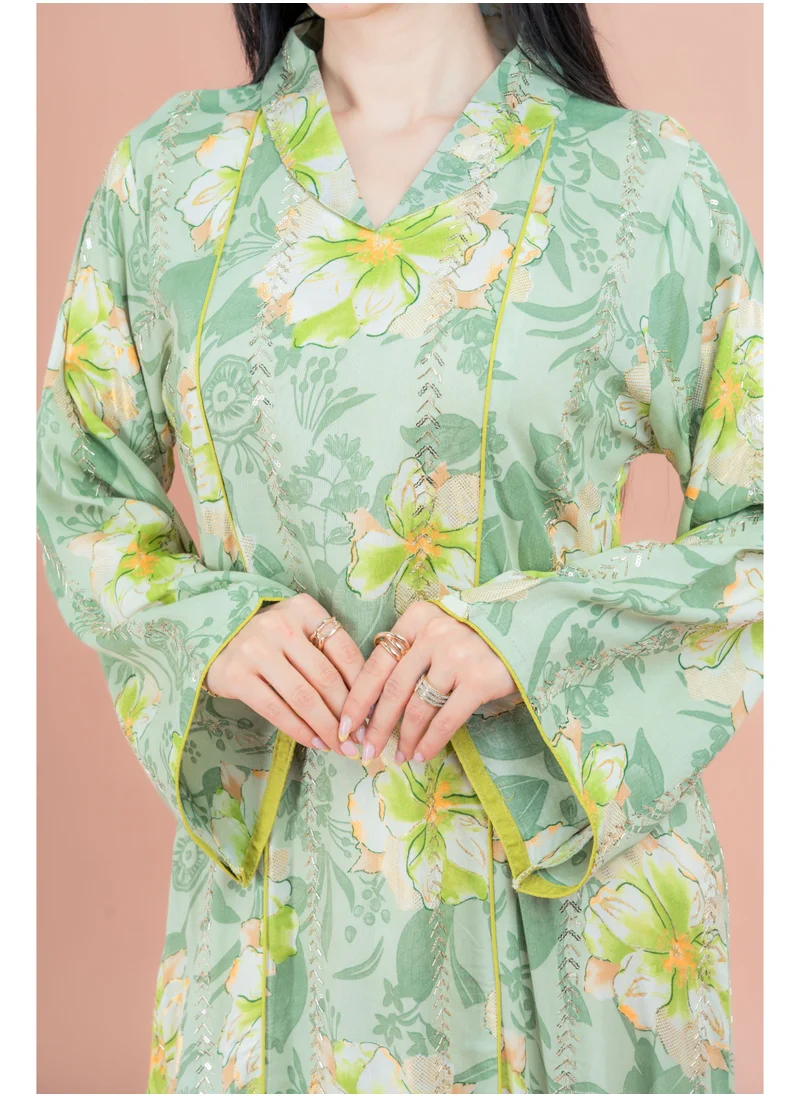 IKKXA Floral Elegance Collared Jalabiya IN094 Green