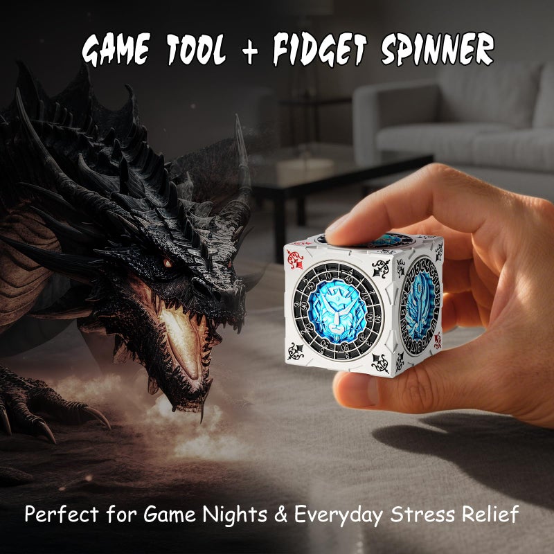DNDND 7-in-1 Spinner Dice Cube with Gift Box â€“ Goristro and Couatl Themed D&D Collector's Set for TTRPG, Ideal Gift for Dungeon Masters and Players (Silver & Blue ) - Image 5