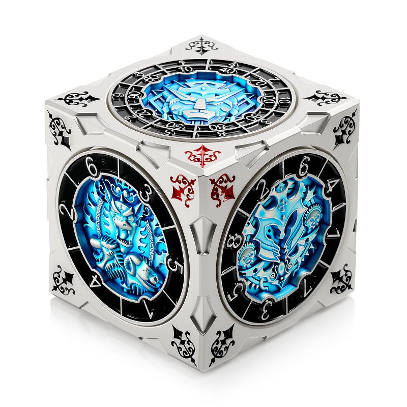 DNDND 7-in-1 Spinner Dice Cube with Gift Box â€“ Goristro and Couatl Themed D&D Collector's Set for TTRPG, Ideal Gift for Dungeon Masters and Players (Silver & Blue ) - Image 1