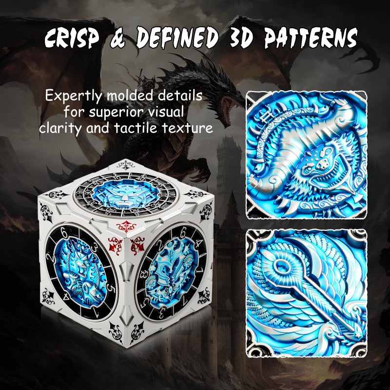 DNDND 7-in-1 Spinner Dice Cube with Gift Box â€“ Goristro and Couatl Themed D&D Collector's Set for TTRPG, Ideal Gift for Dungeon Masters and Players (Silver & Blue ) - Image 2