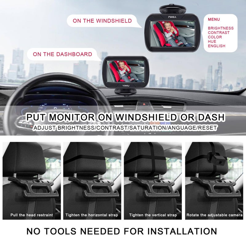 YIMU HD720P Rear Seat Baby Car Camera for Backseat, Car Headrest Quick-Install Monitor, Night Vision, 360Â° Rotatable car Camera for Baby with 4.3 inch car Baby Monitor (KB41) - Image 2
