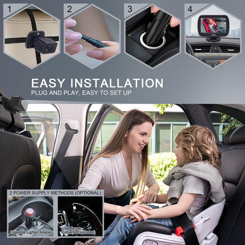 YIMU HD720P Rear Seat Baby Car Camera for Backseat, Car Headrest Quick-Install Monitor, Night Vision, 360Â° Rotatable car Camera for Baby with 4.3 inch car Baby Monitor (KB41) - Image 5