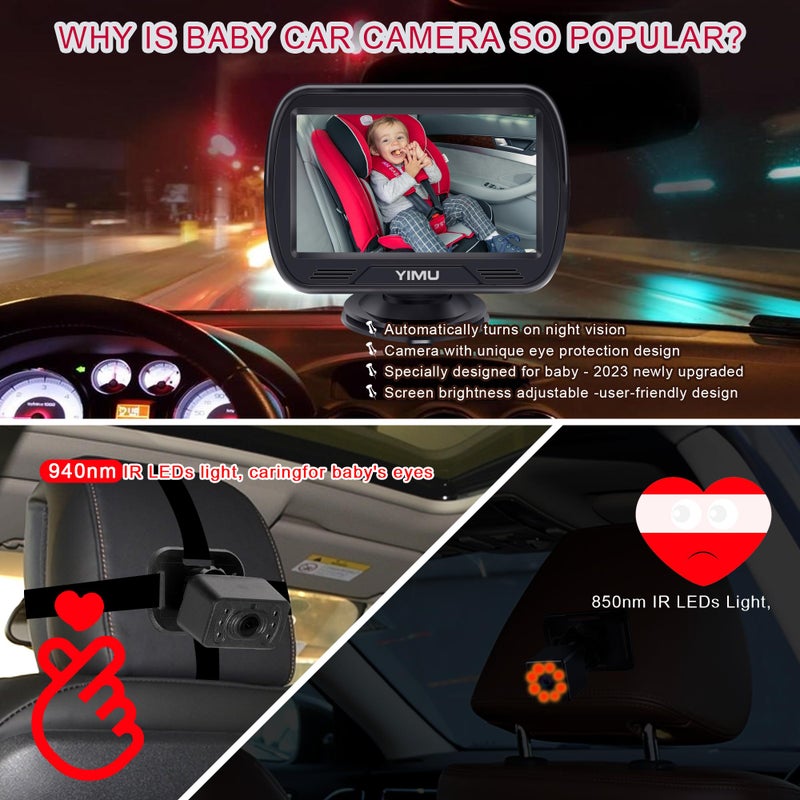 YIMU HD720P Rear Seat Baby Car Camera for Backseat, Car Headrest Quick-Install Monitor, Night Vision, 360Â° Rotatable car Camera for Baby with 4.3 inch car Baby Monitor (KB41) - Image 4