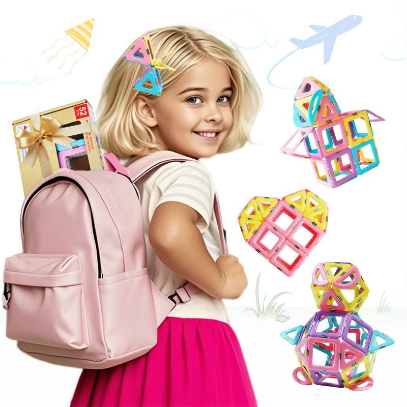 MAGBLOCK Magnetic Tiles Travel Toys for Kids 52PCS, Airplane Travel Essential Activities Magnet Building Toys for Boys Girls 3-8 Road Trip â€ŒSensory Toy, Educational Gifts for Toddler 3 4 5 Year Old - Image 1