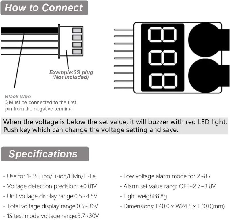 FLY RC 5Packs 2in1 1-8s Lipo Li-ion Battery Voltage Tester Check, Monitor RC Low-Voltage Buzzer Alarm for 1-8s Lipo/Li-ion/LiMn/Li-Fe - Image 4