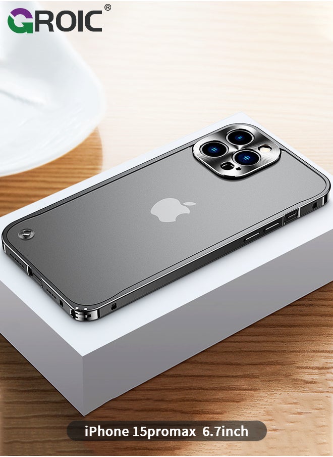 GROIC Metal Frame Black Case for iPhone 15 Pro Max, Ultra Slim Frosted PC Matte Back with Lanyard Holes Lock Type Aluminum Alloy Bumper  - Image 1