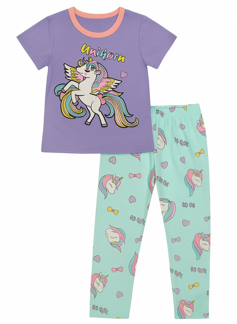 UNICORN Girls Unicorn Pyjama Set – 2 Piece Cotton Sleepwear (Top & Bottom) - Image 1