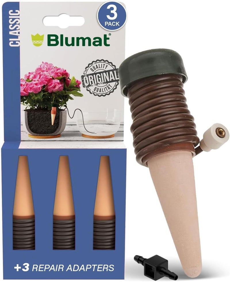 Blumat Classic Self-Watering Stakes - Automatic Drip Irrigation System for Indoor Plant Watering & Outdoor - Water Drip Solution for Potted Plants - Slow Release Stakes, 3 Pack, w Adapter - Image 1