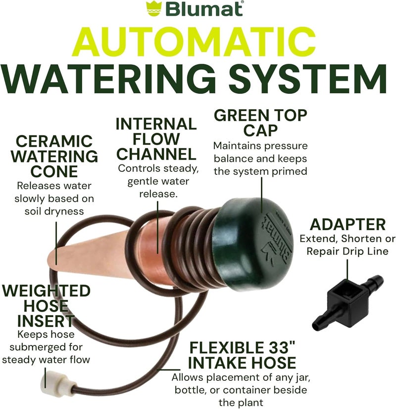 Blumat Classic Self-Watering Stakes - Automatic Drip Irrigation System for Indoor Plant Watering & Outdoor - Water Drip Solution for Potted Plants - Slow Release Stakes, 3 Pack, w Adapter - Image 5