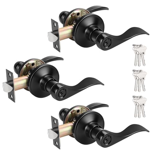 Probrico (3 Pack Black Entry Knobs with Lock and Key, Keyed Alike Lockset Combo Pack, Indoor and Outdoor Leversets, Reversible for Both Left and Right Open - Image 1