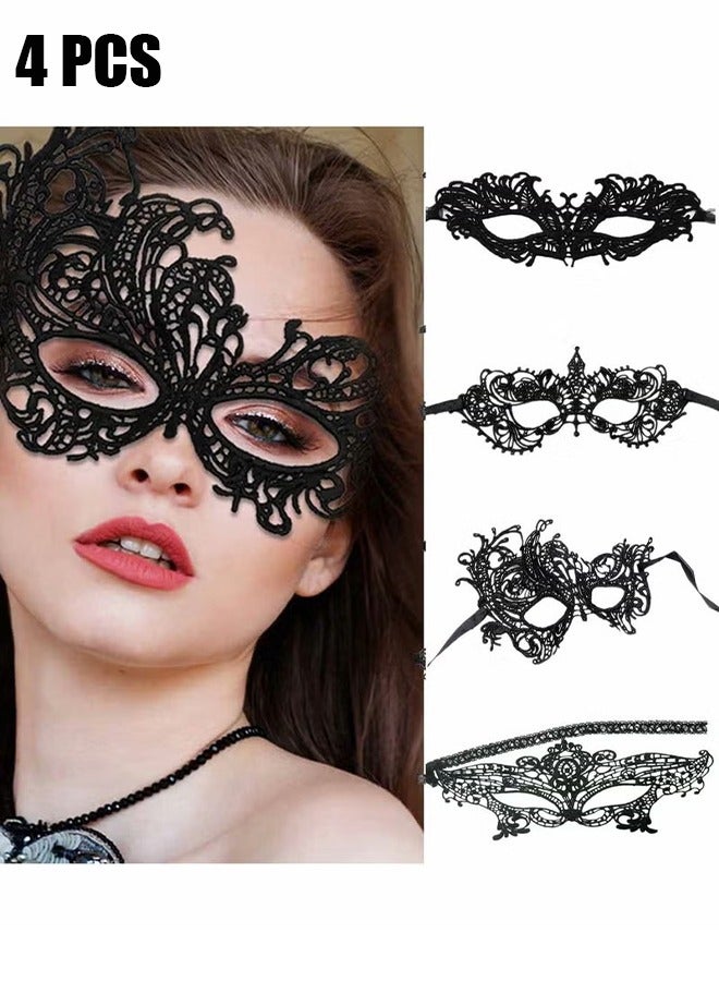HY 4 Pieces Women Lace Eye Mask, Masquerade Masks Mysterious Face Venetian Eyemask for Carnival Party Costume Ball, Black - Image 1