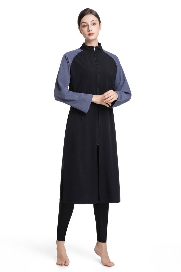 طقم سباحة محافظ من ثلاثة قطع للنساء المسلمات، صيفي، مريح، مضاد للأشعة فوق البنفسجية، بأكمام طويلة وسحّاب، ملابس شاطئية خفيفة الوزن... - Image 2