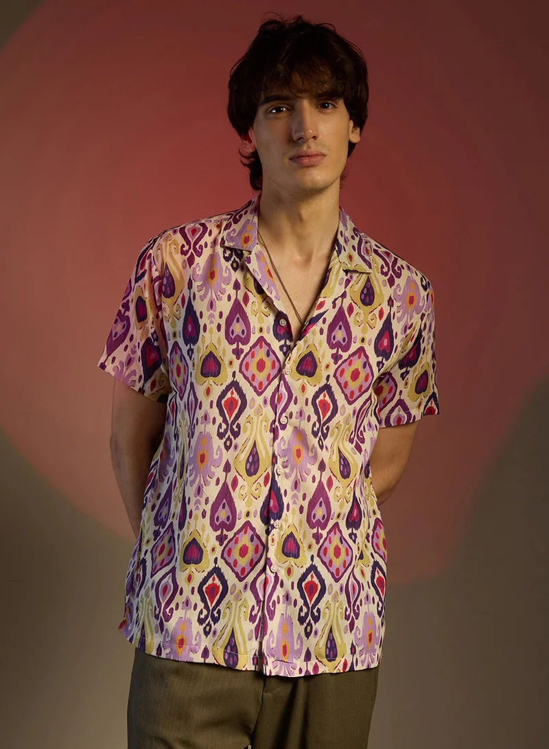 Campus Sutra Men's Lavender & Pear Yellow Ethnic Shirt
