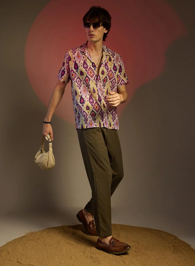 Campus Sutra Men's Lavender & Pear Yellow Ethnic Shirt