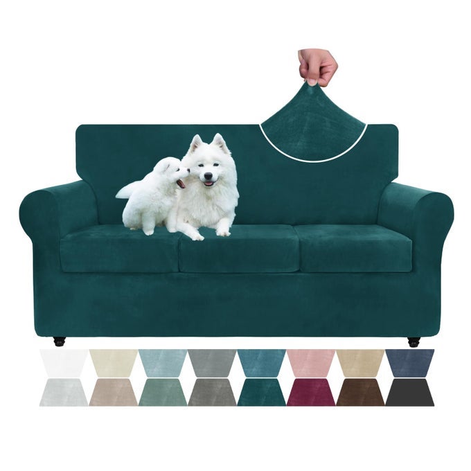 LUXURY VELVET COUCH COVER 4 PIECE 7292 STRETCH SOFA COVERS FOR 3 CUSHION COUCH THICK SOFT SOFA SLIPCOVER WITH NON SLIP STRAP DOG PET FRIENDLY NICE FURNITURE PROTECTOR DEEP TEAL