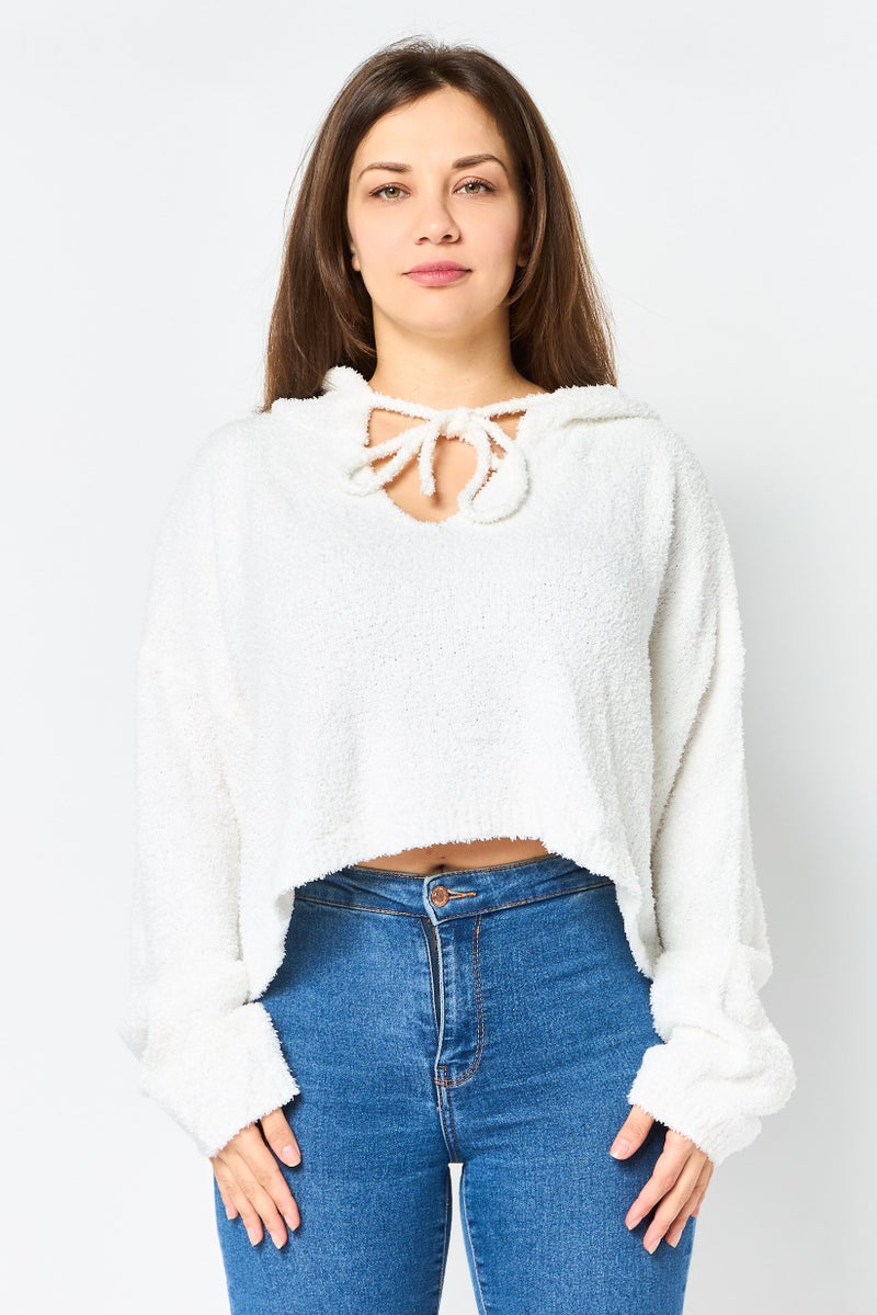 NIA Women Hooded Solid Sweater, White - Image 1