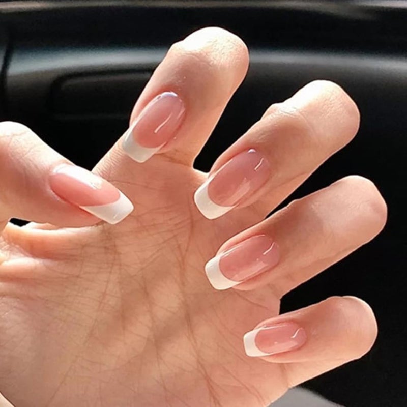 Hrnsnails Nails Press Ons, White French Tip Press On Nails Medium Square Fake Nails with Glossy Design, Artificial Press On Nail Kit Stick On Nails for Women-32Pcs - Image 1