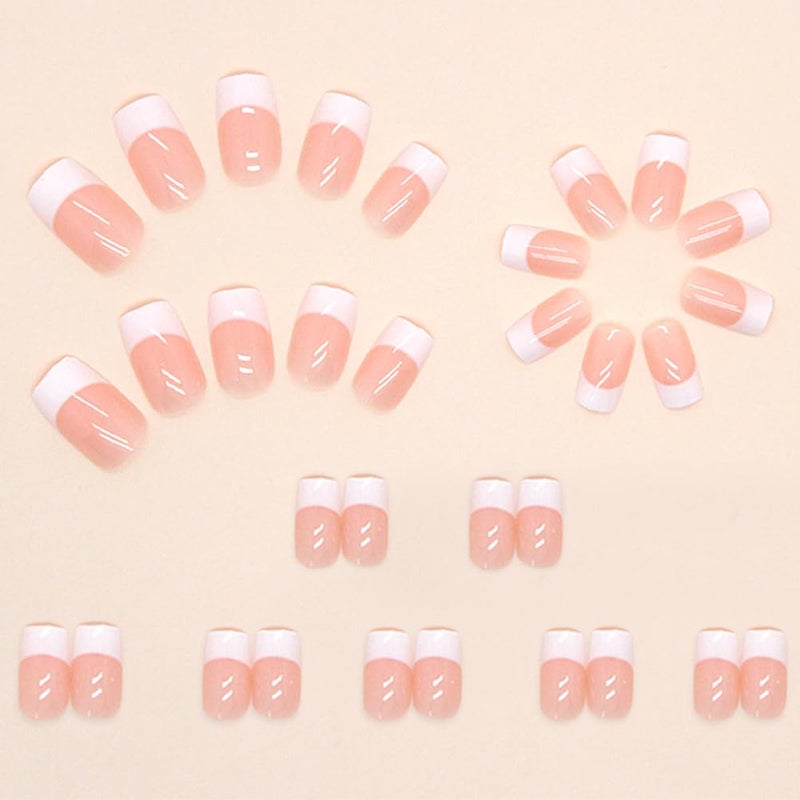 Hrnsnails Nails Press Ons, White French Tip Press On Nails Medium Square Fake Nails with Glossy Design, Artificial Press On Nail Kit Stick On Nails for Women-32Pcs - Image 4