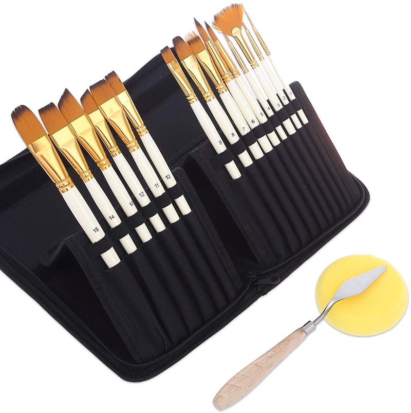 URBAN BOX Artist Paint Brush Set 15pcs Includes Popup Carrying Case with Painting Knife and 1 Sponge for Acrylic Oil Paint by NumbersWood - Image 2