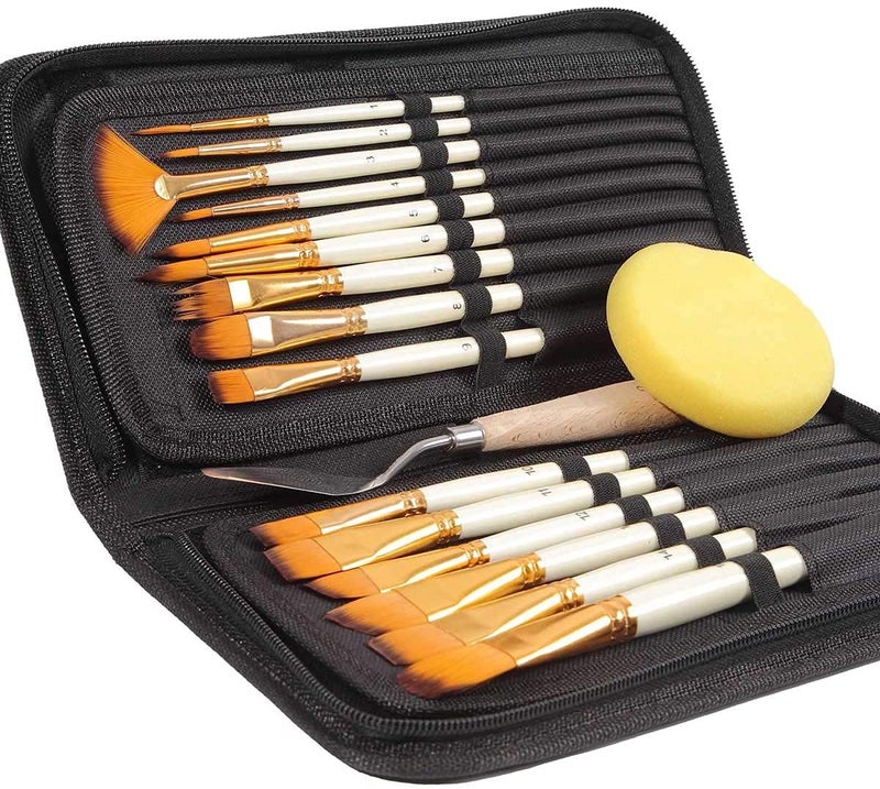 URBAN BOX Artist Paint Brush Set 15pcs Includes Popup Carrying Case with Painting Knife and 1 Sponge for Acrylic Oil Paint by NumbersWood - Image 1