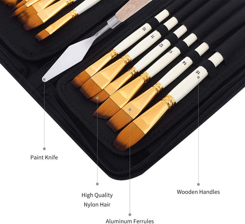 URBAN BOX Artist Paint Brush Set 15pcs Includes Popup Carrying Case with Painting Knife and 1 Sponge for Acrylic Oil Paint by NumbersWood - Image 3