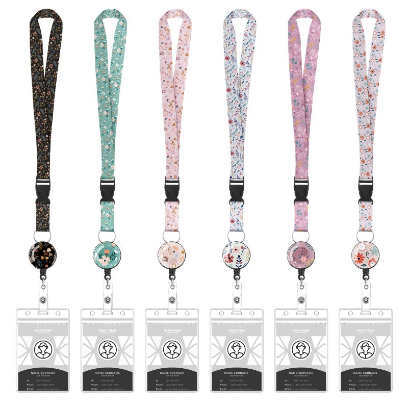 Prudiut Floral Style 6 Pack Lanyards with Waterproof ID Badge Holder and Retractable Badge Reel - Image 1