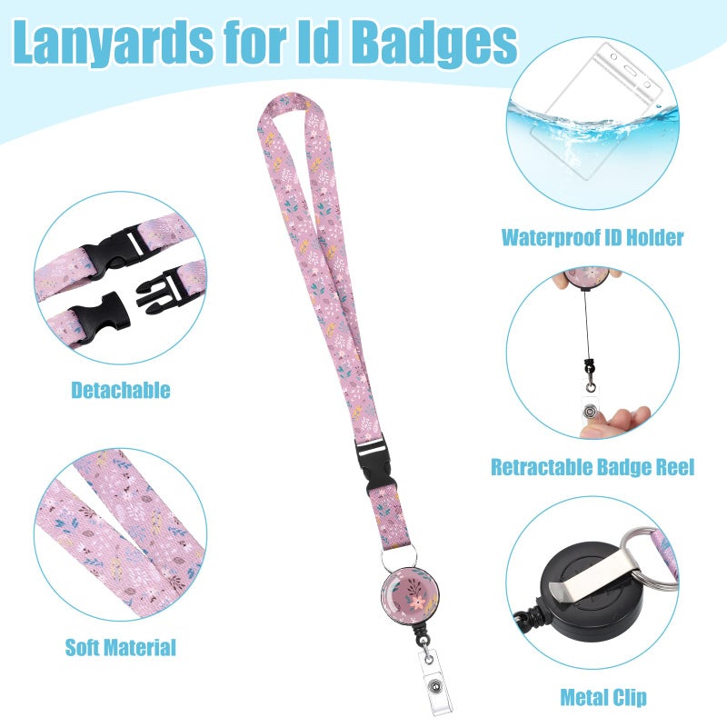 Prudiut Floral Style 6 Pack Lanyards with Waterproof ID Badge Holder and Retractable Badge Reel - Image 5
