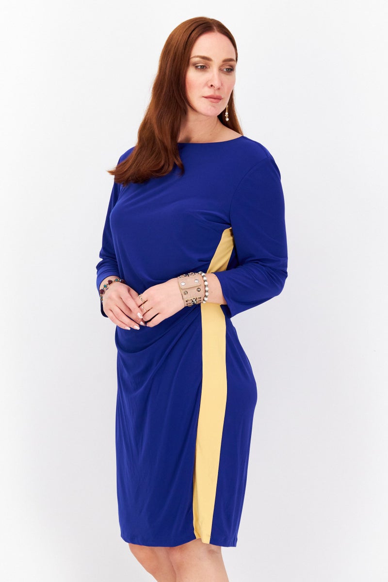 Kasper  Women Boat Neck Long Sleeve Plain Midi Dress, Blue - Image 4
