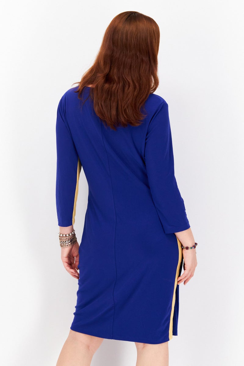 Kasper  Women Boat Neck Long Sleeve Plain Midi Dress, Blue - Image 2