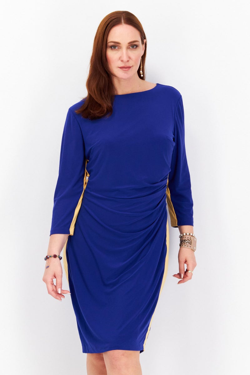 Kasper  Women Boat Neck Long Sleeve Plain Midi Dress, Blue - Image 1
