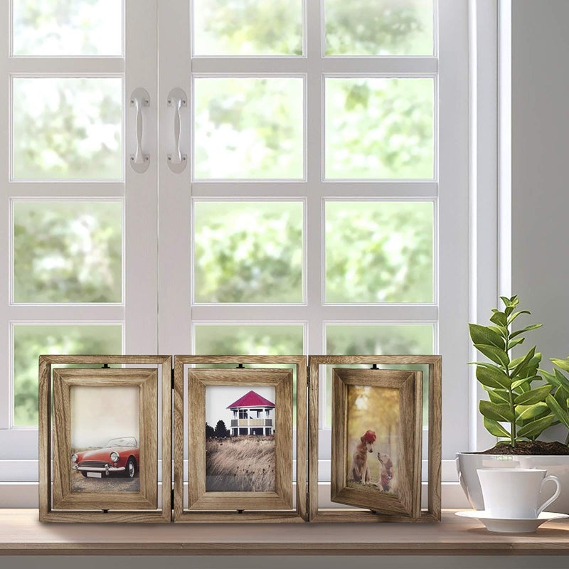 Emfogo 4x6 Picture Frame Rustic Wood Hinged Folding Triple Picture Frames Collage, Double-Sided Display Rotatable High Definition Glass Photo Frame for Home TableTop(Carbonized Black) - Image 2