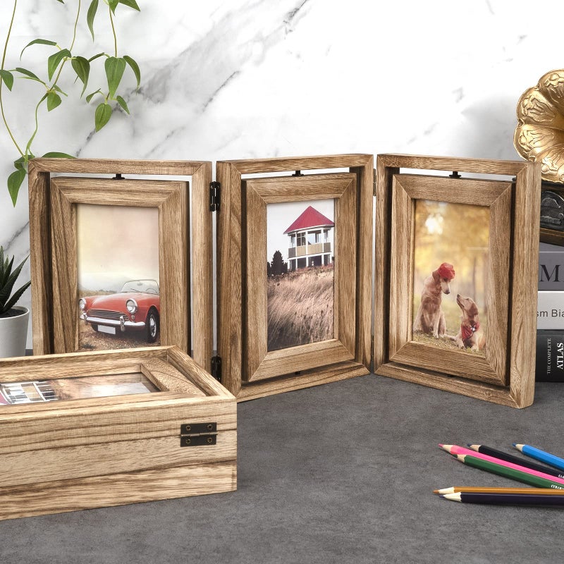 Emfogo 4x6 Picture Frame Rustic Wood Hinged Folding Triple Picture Frames Collage, Double-Sided Display Rotatable High Definition Glass Photo Frame for Home TableTop(Carbonized Black) - Image 3