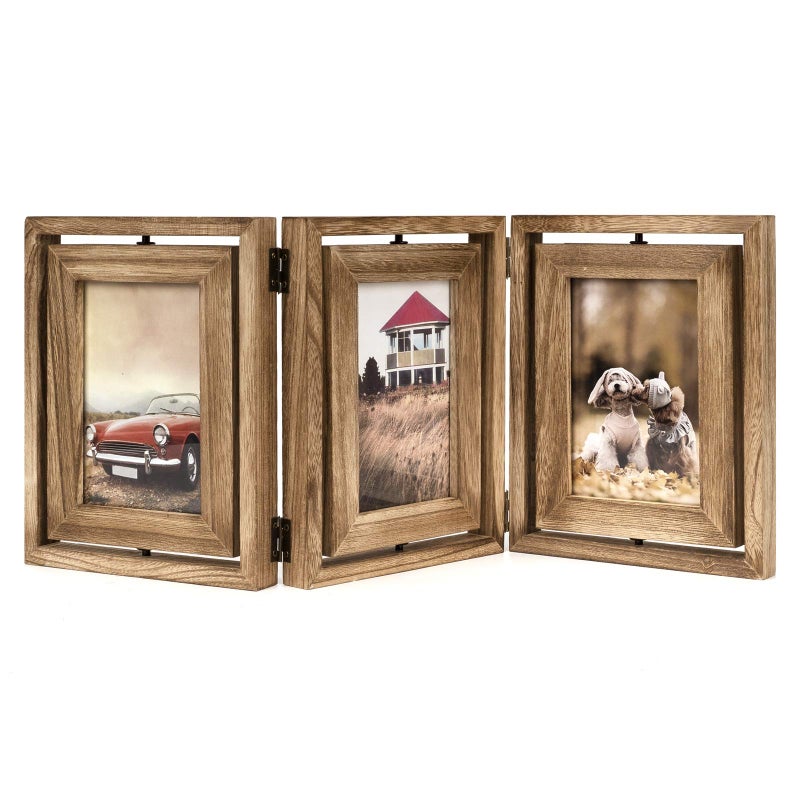 Emfogo 4x6 Picture Frame Rustic Wood Hinged Folding Triple Picture Frames Collage, Double-Sided Display Rotatable High Definition Glass Photo Frame for Home TableTop(Carbonized Black) - Image 1