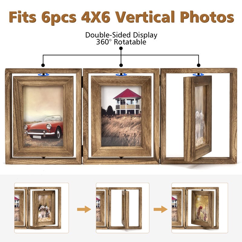 Emfogo 4x6 Picture Frame Rustic Wood Hinged Folding Triple Picture Frames Collage, Double-Sided Display Rotatable High Definition Glass Photo Frame for Home TableTop(Carbonized Black) - Image 4