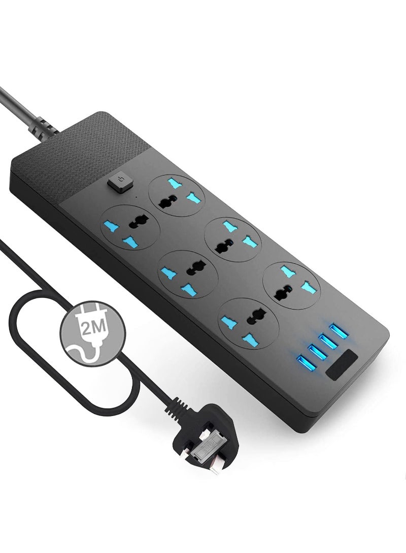 Universal Power Strips Extension Lead Outlets All In One Wall Plug Adapter With 4 3.1A USB Hub And 6 Gang Smart Electrical Sockets Surge Protection UK Plug Cable Cord For Home Office 2M/6.5Ft  - Image 1