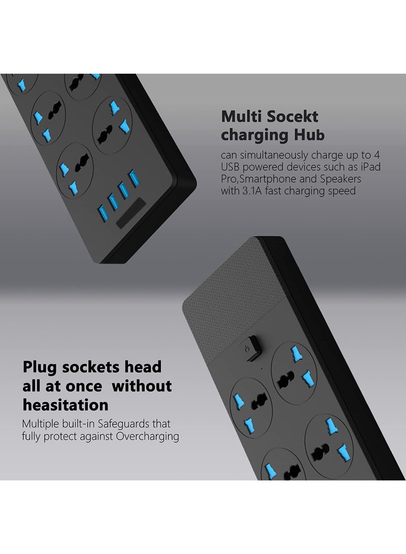 Universal Power Strips Extension Lead Outlets All In One Wall Plug Adapter With 4 3.1A USB Hub And 6 Gang Smart Electrical Sockets Surge Protection UK Plug Cable Cord For Home Office 2M/6.5Ft  - Image 4