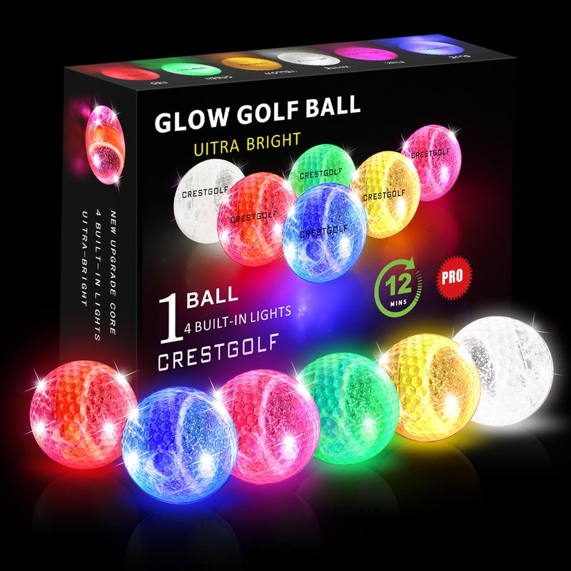 Crestgolf 6 Pack Glow in The Dark Golf Balls Light up Night Led Golf Balls with 12-Minute Reset Timer Gift Sets for Men Women - Image 1