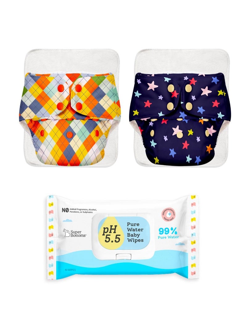 SuperBottoms BASIC - 2 Reusable Cloth Diaper (ASSORTED) |3m-3Yrs & Pack of 40 XtraHydrating™ Wipes FREE | Unscented Baby Wipes, 3.5x extra moisture | Adjustable Organic Diapers for day time (with 2 UltraThin Dry Pad) - Image 1